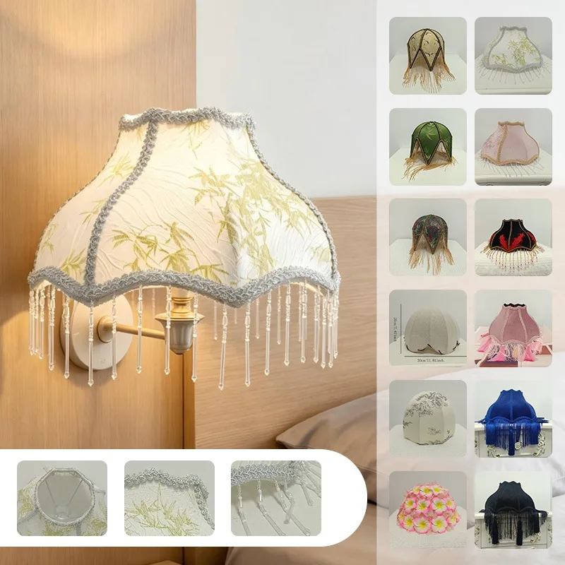 European Vintage Tassel Fabric Lampshade Bedside Lamp Shade Velvet Tassel Lamp Cover E27 Base Decor for Office Living Room Home