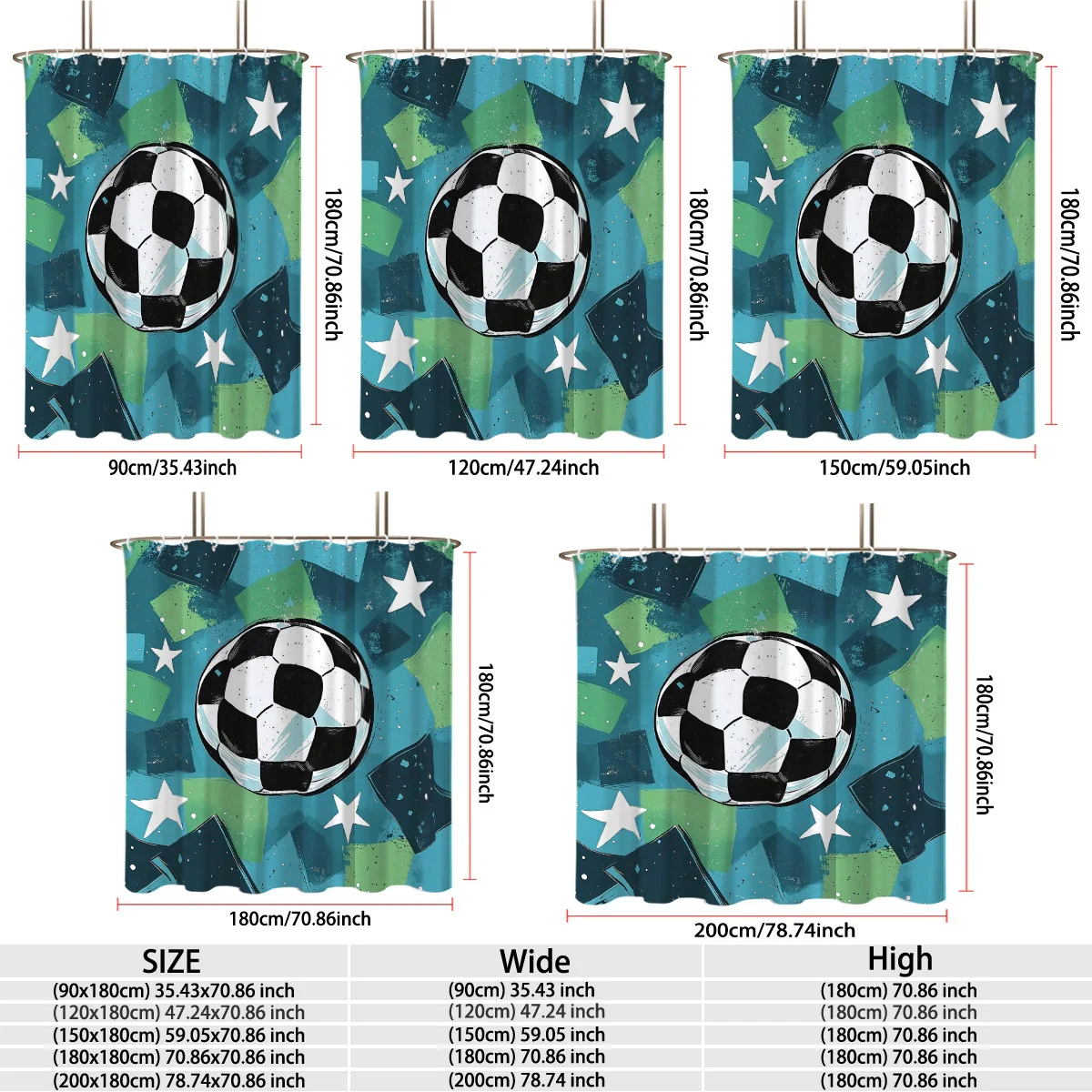 Graffiti Style Soccer Football White Stars Geometric Blocks Teal‑Green Background Print Bath curtain Soft t