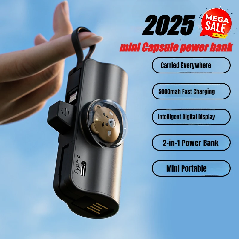 2025 アップグレードミニカプセル電源銀行 5000mAhPower ディスプレイケーブルが付属ポータブル携帯電話電源 IPhone Samsung