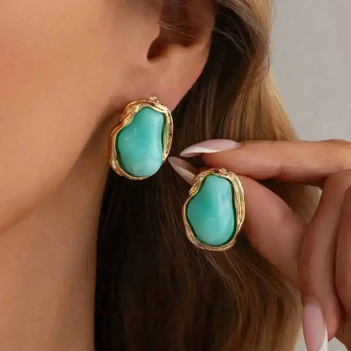 SHIXIN Vintage Colorful Inlaid Resin Stud Earrings Women Elegant Imitation Pearl Irregular Geometric Piercing Ear Jewelry Gifts