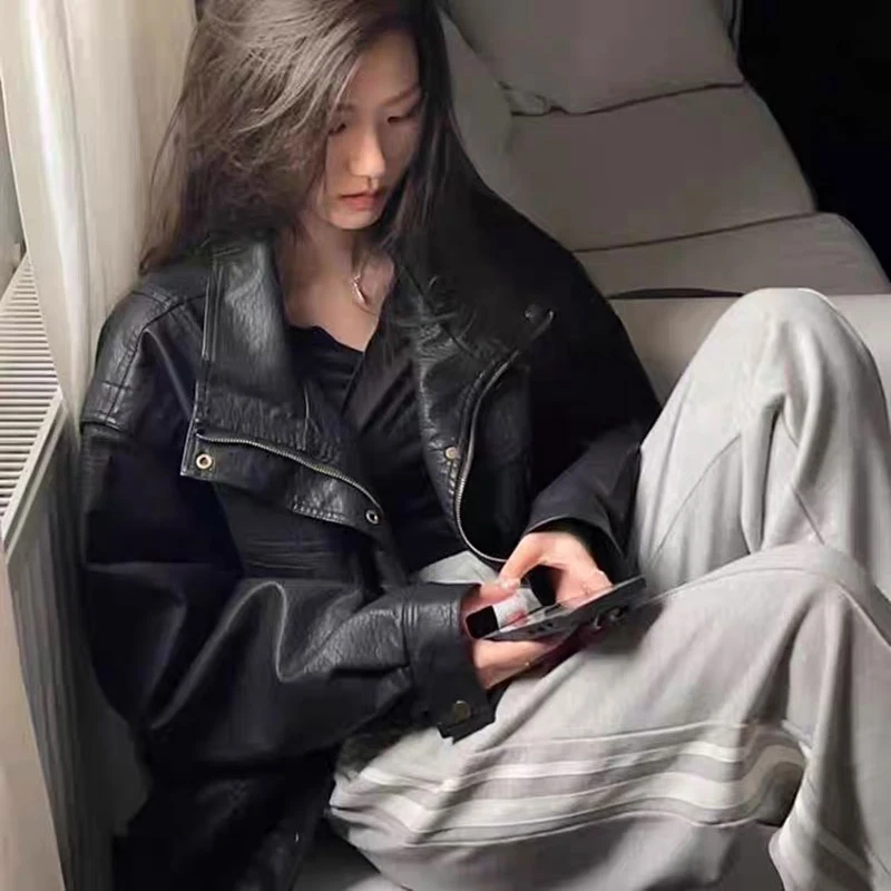 Nowa kurtka damska w stylu retro z amerykańskiej skóry PU z wzorem liczi, luźna, wyszczuplająca, motocyklowa, na wiosnę i jesień, model 2025.