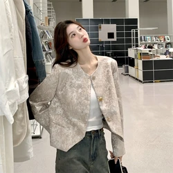 Spring Autumn chinese style women Jacquard tang suit shirt fashionable elegant loose casual top Crew Neck coat