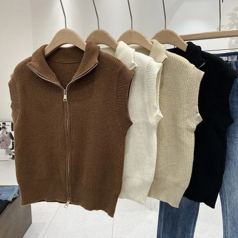 Estilo coreano feminino duplo zíper gola alta colete de malha outono solto sólido sem mangas cardigan regata camisola casaco e4422