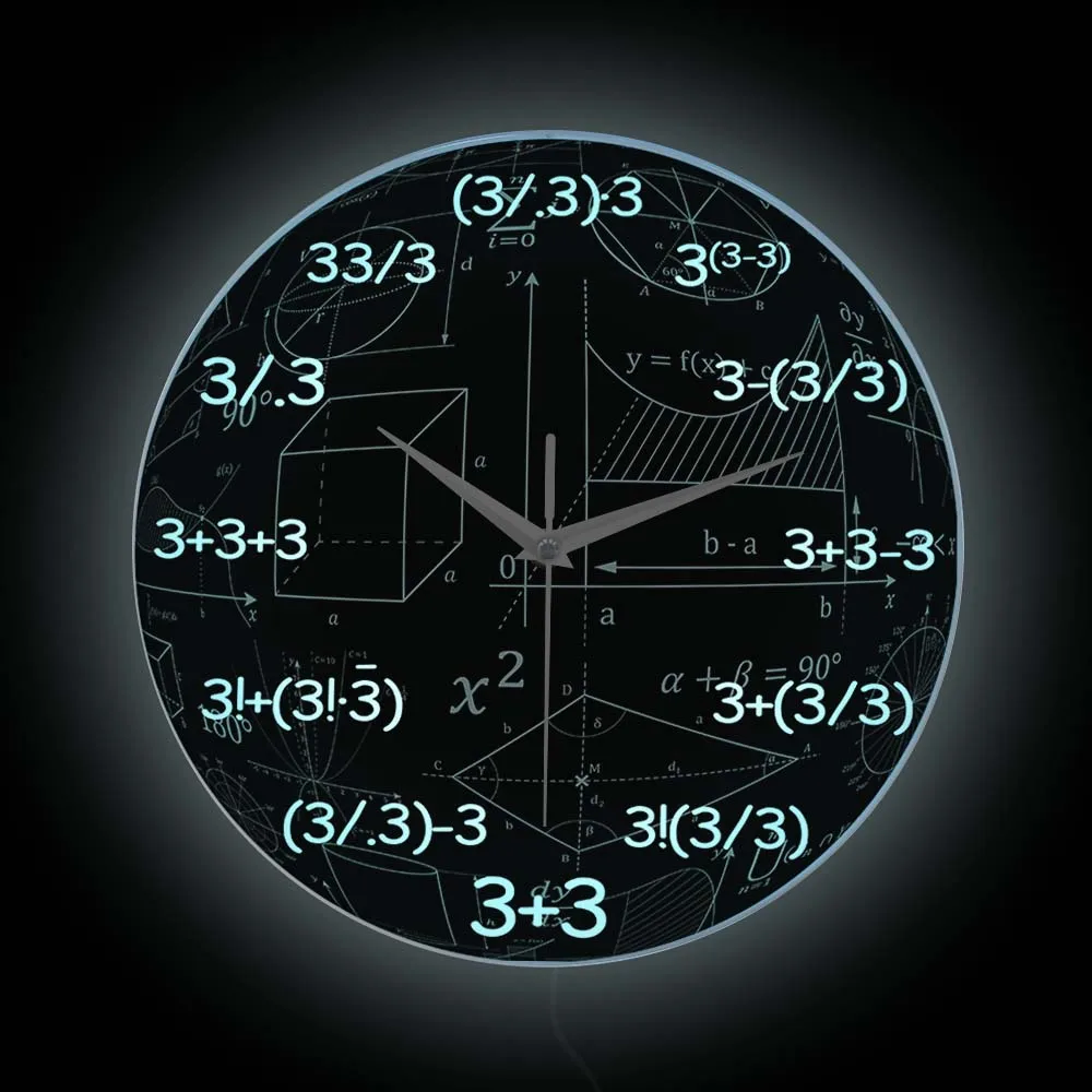 Three o'Clock Math Equotion Luminous Wall Clock Mathematical Formulas LED Lighting Decor Color Changing Glow In The Dark Clock