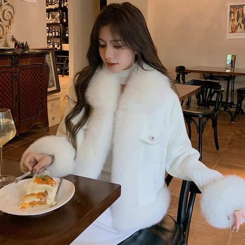 New Winter Woman Fashion Knitted Fox Fur Coat for Femlae Thick Warm Overcoats Hooded Outerwear Ladies G102