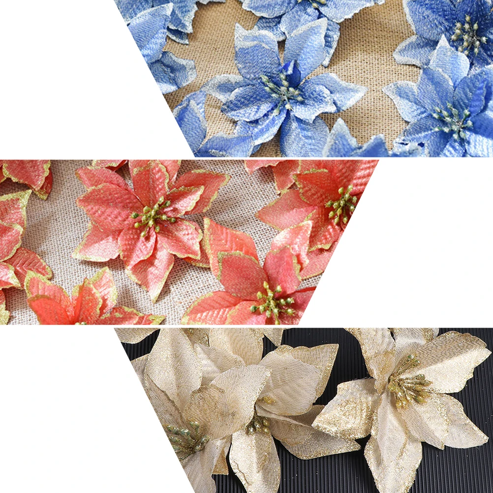 

36 Pcs Flower Decorations Gold Christmas nament Powder Cloth Flowers for Tree Party Home Wall Wreath Hats DIY Crafts