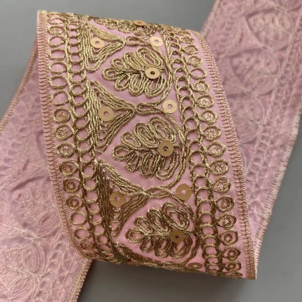 1 Yard Pink Gold Thread Lace Fabric Trim Ethnic Style Clothing Sequins Embroidered For Curtain Shoes Jacquard Ribbon Accessories