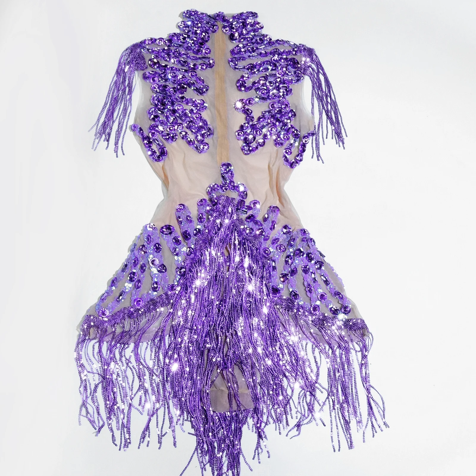 Sparkle Lila Strass Mesh Quasten Trikot Drag Queen Body Bühne Sängerin Leistung Femme Sexy Gogo Kostüm Nachtclub