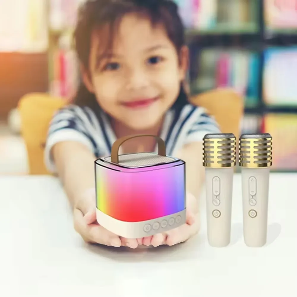 T7 ポータブルカラオケMP4音楽プレーヤー、2つのマイク付き、屋外用Bluetoothミニ5Wスピーカー、LEDライトとマイク付き