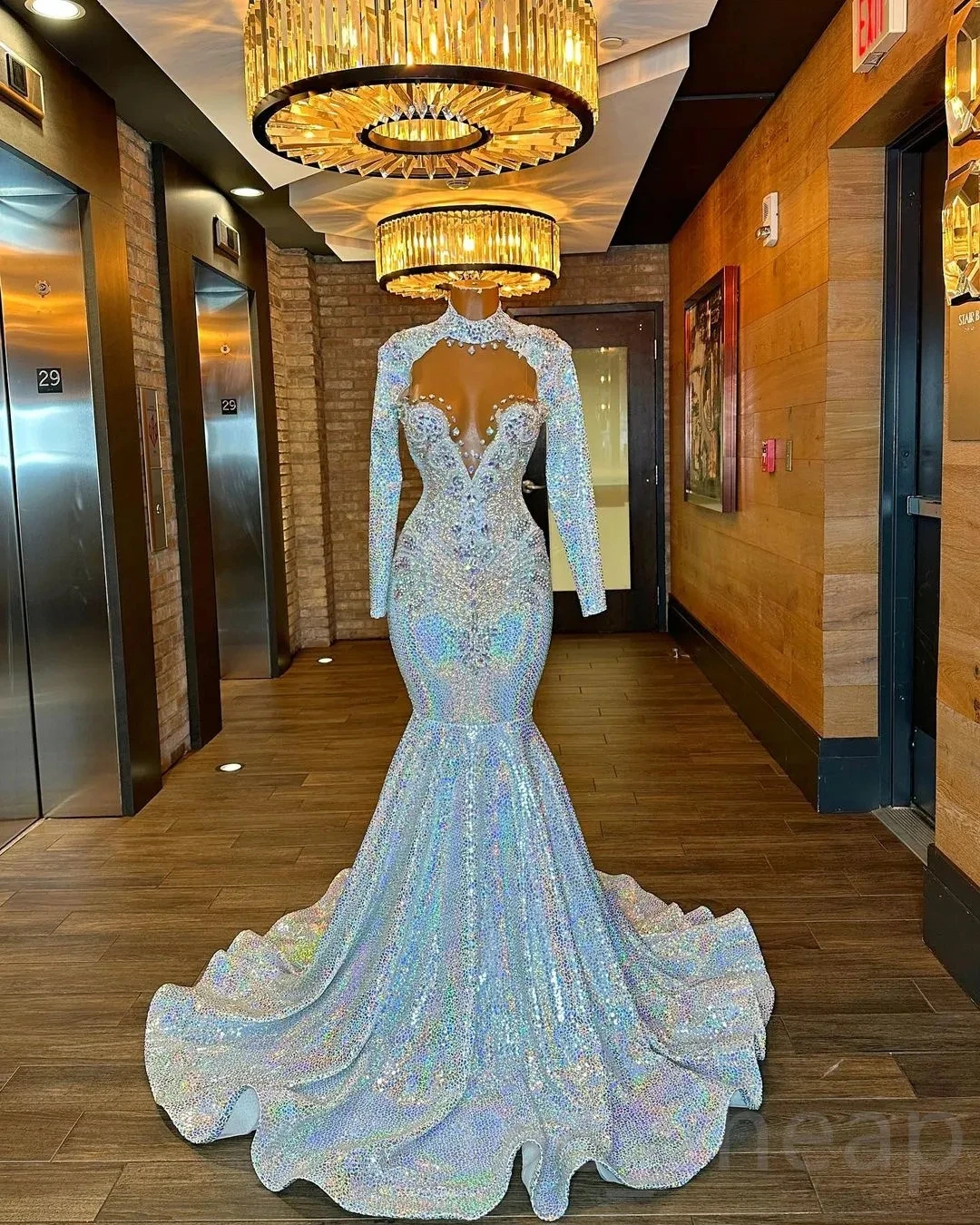 African American Prom Dresses Mermaid Long Sleves Sequins Beaded Black Girls Nigeria Robe De Soiree Evening Gown Customized