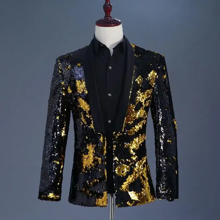 Two-tone Flip Sequin clothes men suits designs stage costumes for singers jacket men sequins blazer dance star style dress coats