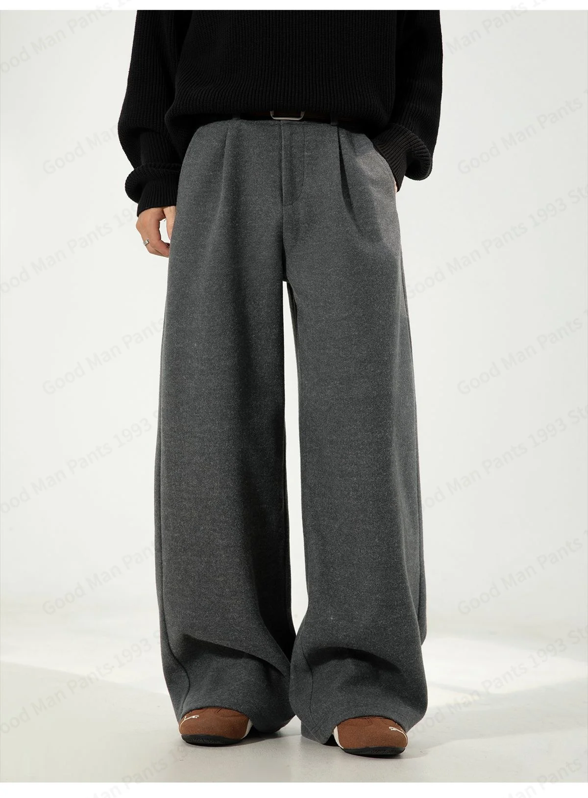 Herbst- und Winter-Herrenhose aus schwerer, strukturierter Wolle mit geradem Bein, locker gefaltet, Y2K Koreanische Baggy Casual Hose – Detail 10
