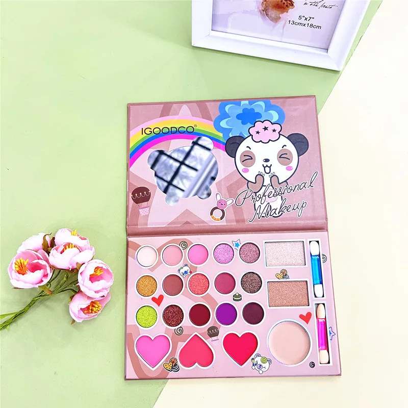 21 colori Cute Panda Matte Eyeshadow Palette con Mirror Puff Sticks Glitter Eye Shadow Blush Pigment Makeup Palette per il viso