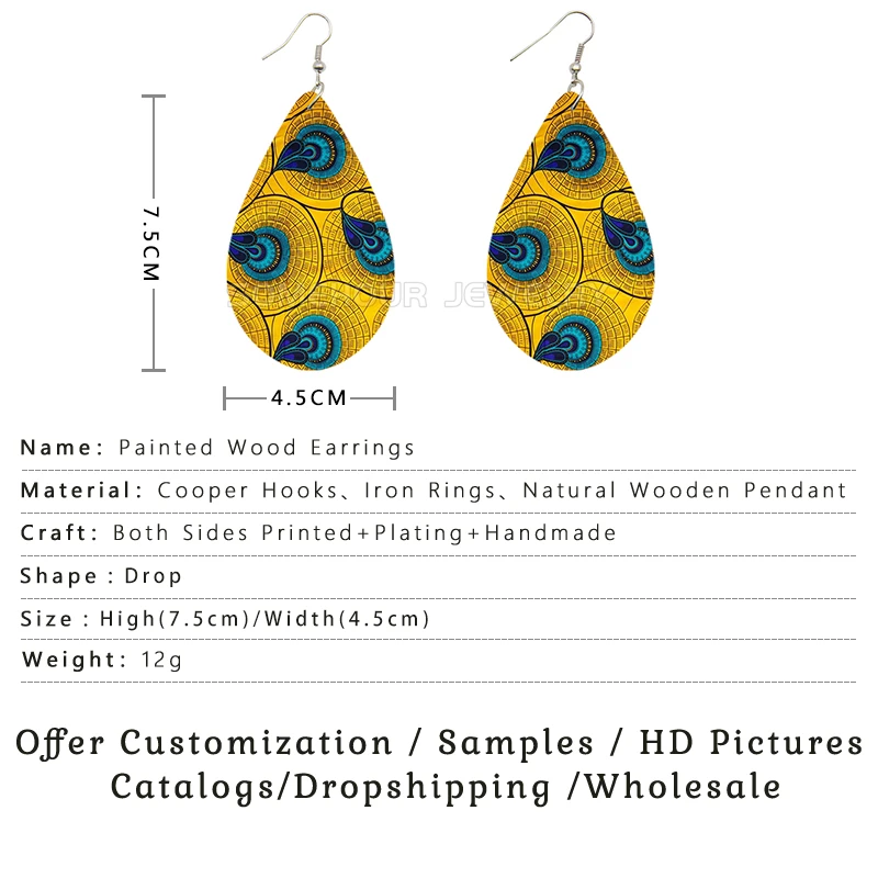 SOMEHOUR Turkish Retro African Fabric Art Teardrop Wooden Dangle Earrings For Women Afrocentric Ethnic Ankara Design Printing