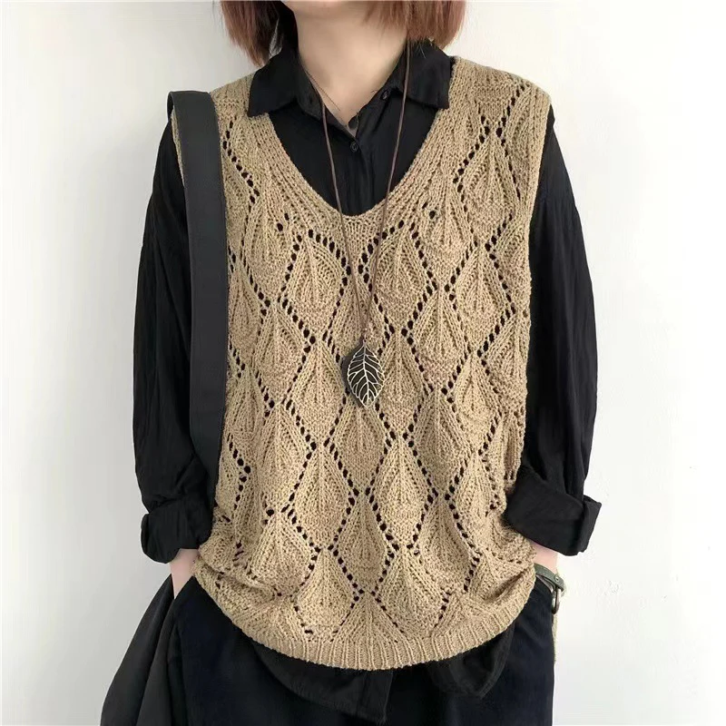 Women Retro Sleeveless Knitted Vest Lady Hollow Out Waistcoat  Spring Autumn Fashion Casual Pullover Sweater Y2k Tank Tops