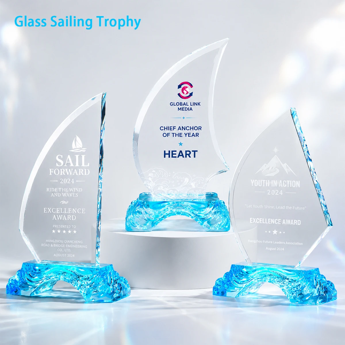 Crystal Glass Sailboat Trophy w/t Blue Wave Base Smooth Sailing Award Free Engraving