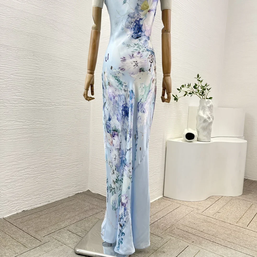 Robe Maxi Chic et Élégante pour Femme, Bleu Clair, Diamants, Boderfly, Fleurs Imprimées, Fibre pour Dame, ixd'Anniversaire, Été, Nouveau, 2024