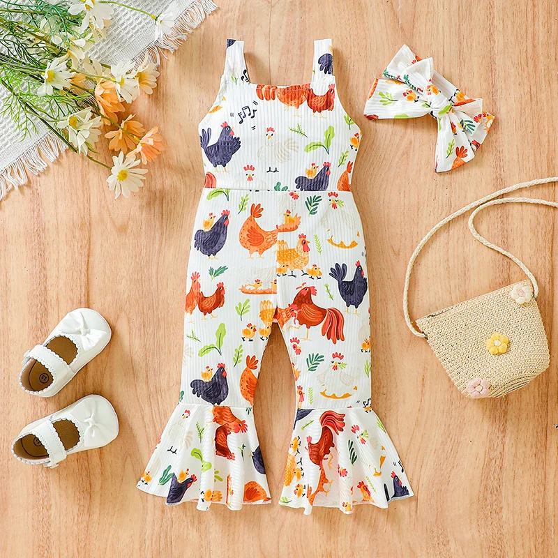 Kleinkind Baby Mädchen Farm Outfit Blumen Hühner Overall Stram pler Flare Schlag hosen Overalls Sommerkleid ung