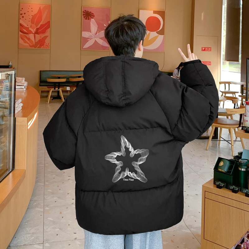 Winter Bread Jacket for Men Warm Male Parkas Big Size Times Flies Print Funny Men's Cotton Coat Oversize Men Clothing 2024