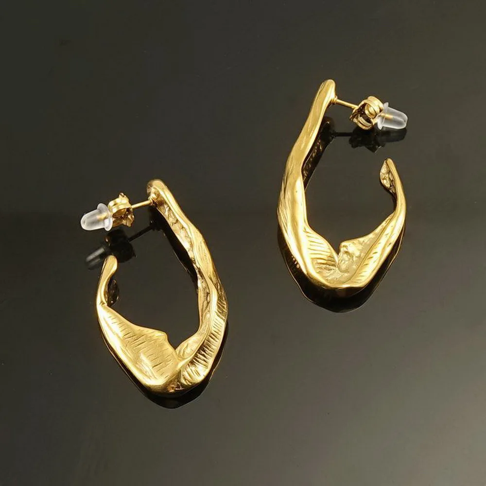 Edelstahl 18K Vergoldete Unregelmäßige Lava-Creolen für Damen Vintage Abstrakte Geschmolzene Ohrringe Anlauffreier Schmuck 37mm – Detail 4