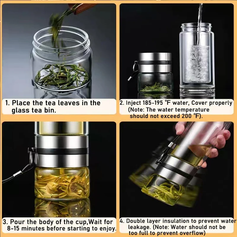Portable Tea Infuser Bottle - Double Wall Borosilicate Glass Mug with Stainless Steel Filter - Tea Tumbler with Diffuser