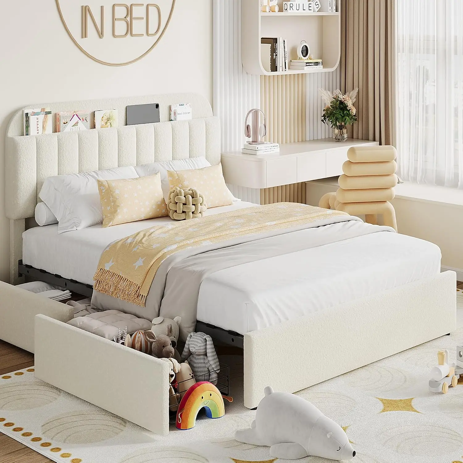 Boucle Upholstered Platform Bed with Bookcase Headboard & 2 Drawers, Easy Assembly No Box Spring Noise Free Beige, Customized