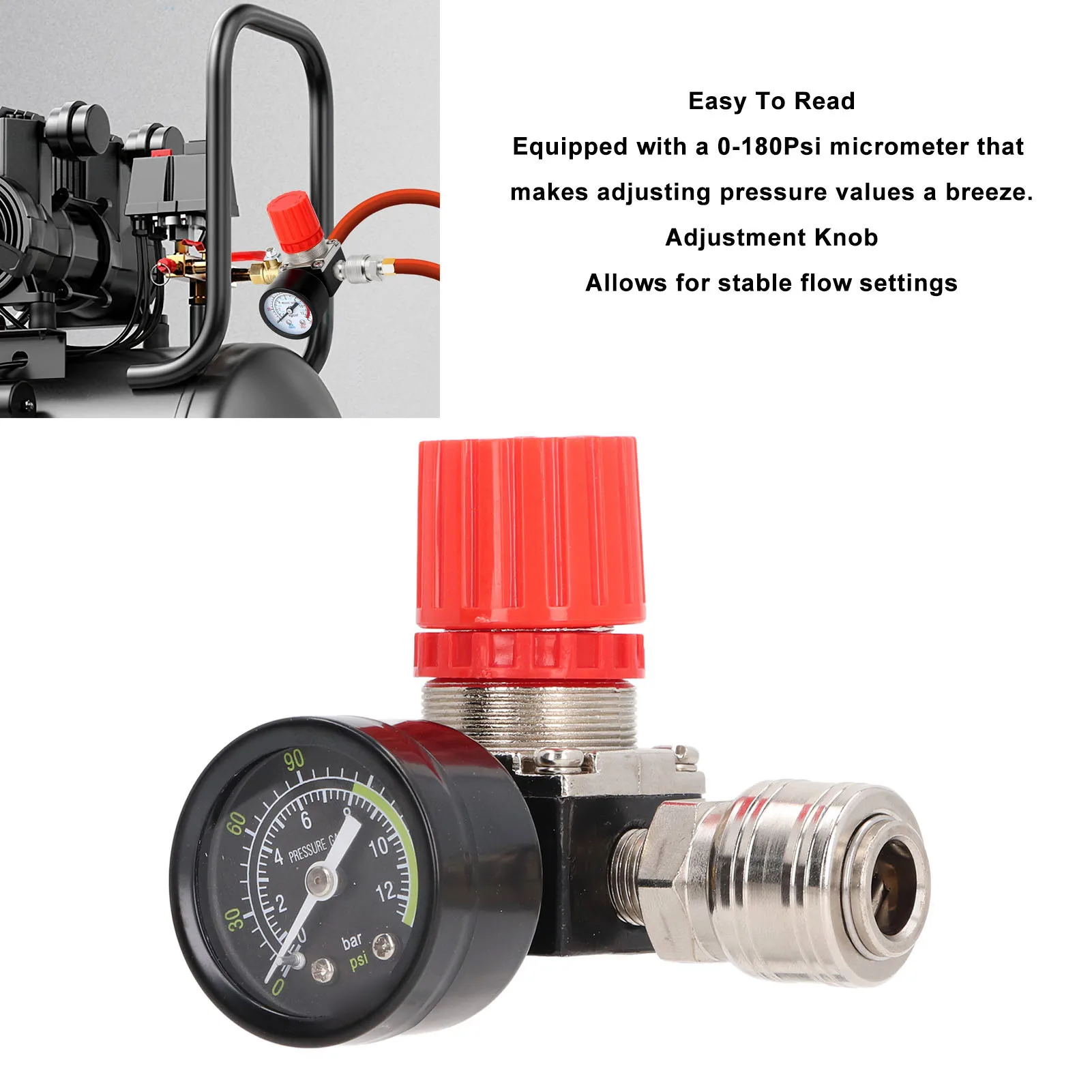 Air Gauge Regulator, Air Compressor Regulator 4 Holes 0 to 180PSI European Air Compressor Pressure Regulator with Guage