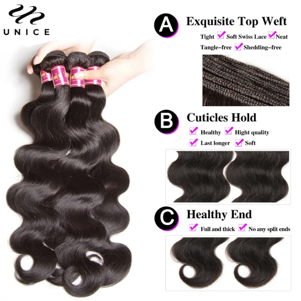 Unice Hair Body Wave Human Hair Bundles 3PCS With 13x4 Lace Frontal Free Part 100% Human Hair Make 250% Density Wig