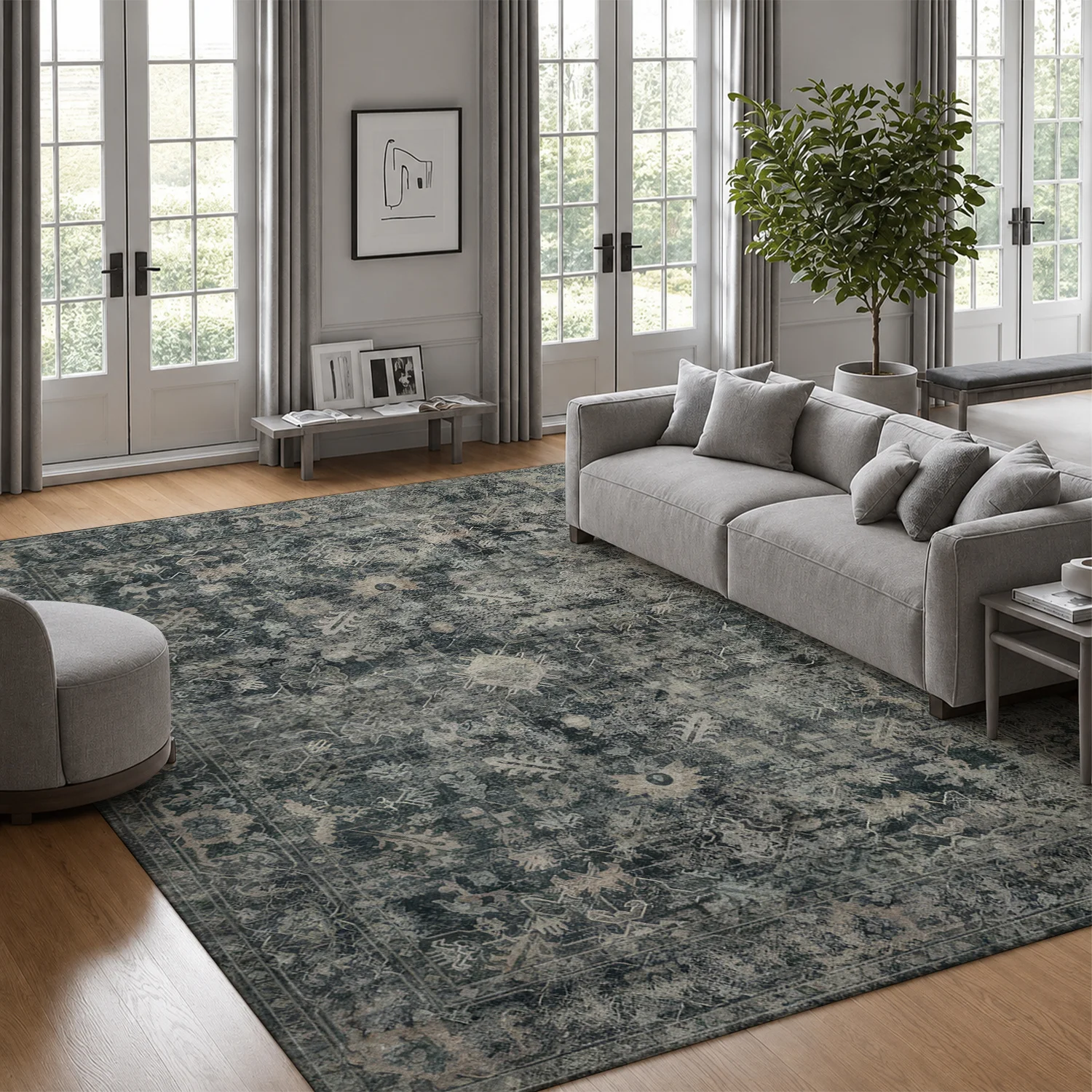Large Indoor Area Rug, Soft Velvet Low Pile, Non-slip Dotted Backing, Machine Washable Vintage Distressed Oriental Pattern Rug for Living Room, Bedroom Muted Gray Home Floor Accent