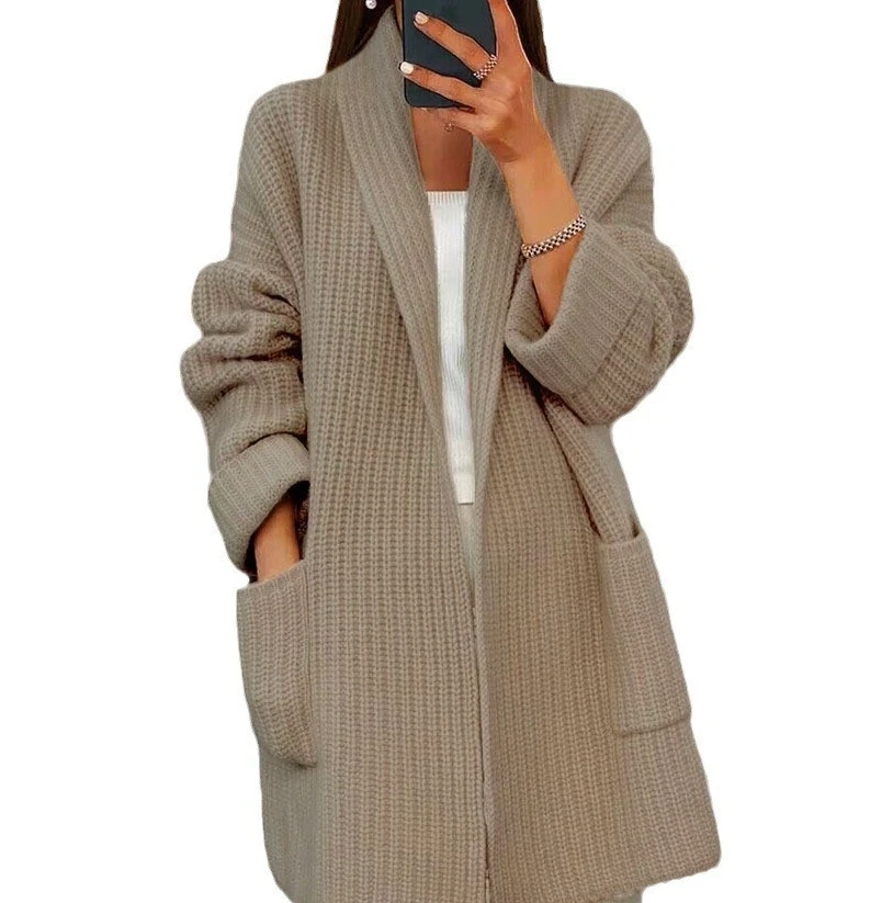 Casaco urbano feminino 2025 outono inverno mais recente grosso cor sólida com decote em v malha cardigan solto bolso camisola casaco frente aberta topo