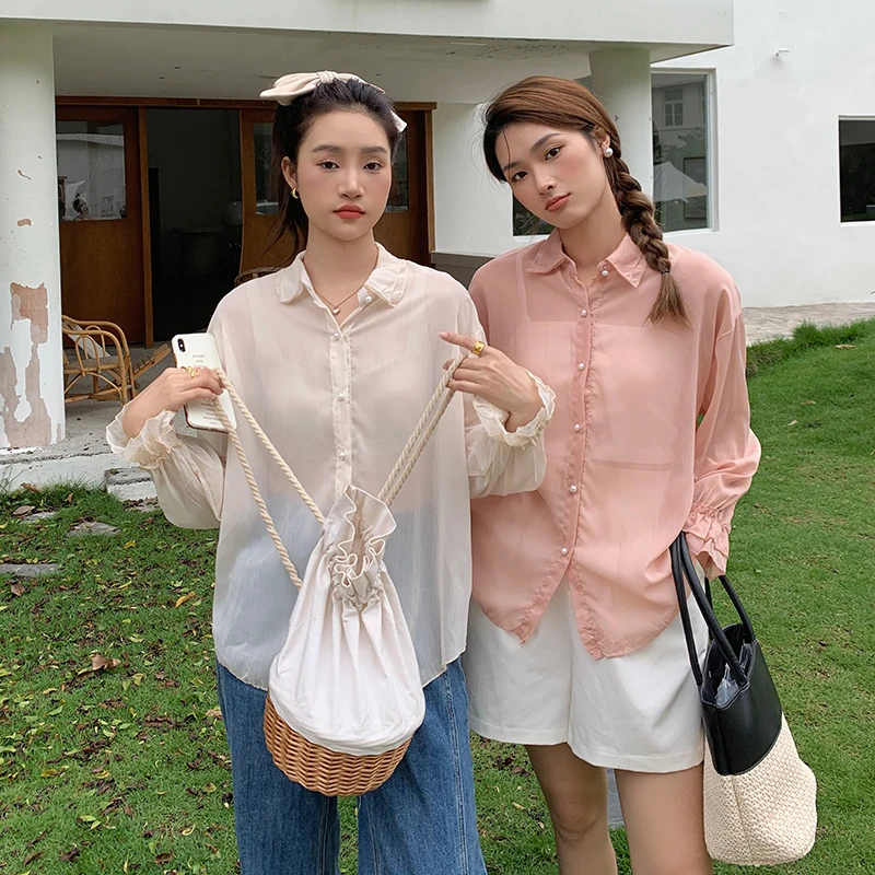 2022 Summer Korean Polo Collar Trumpet Sleeves Thin Loose Solid Color Long-sleeved Single-breasted Chiffon Sunscreen Cardigan