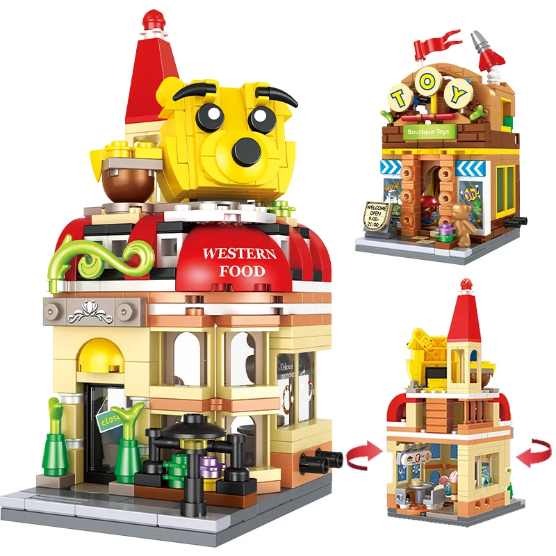 

City Cartoon Fantasy Store Architecture Building Blocks Shop Model Street View House Set Friends Bricks Gift Toys For Kids