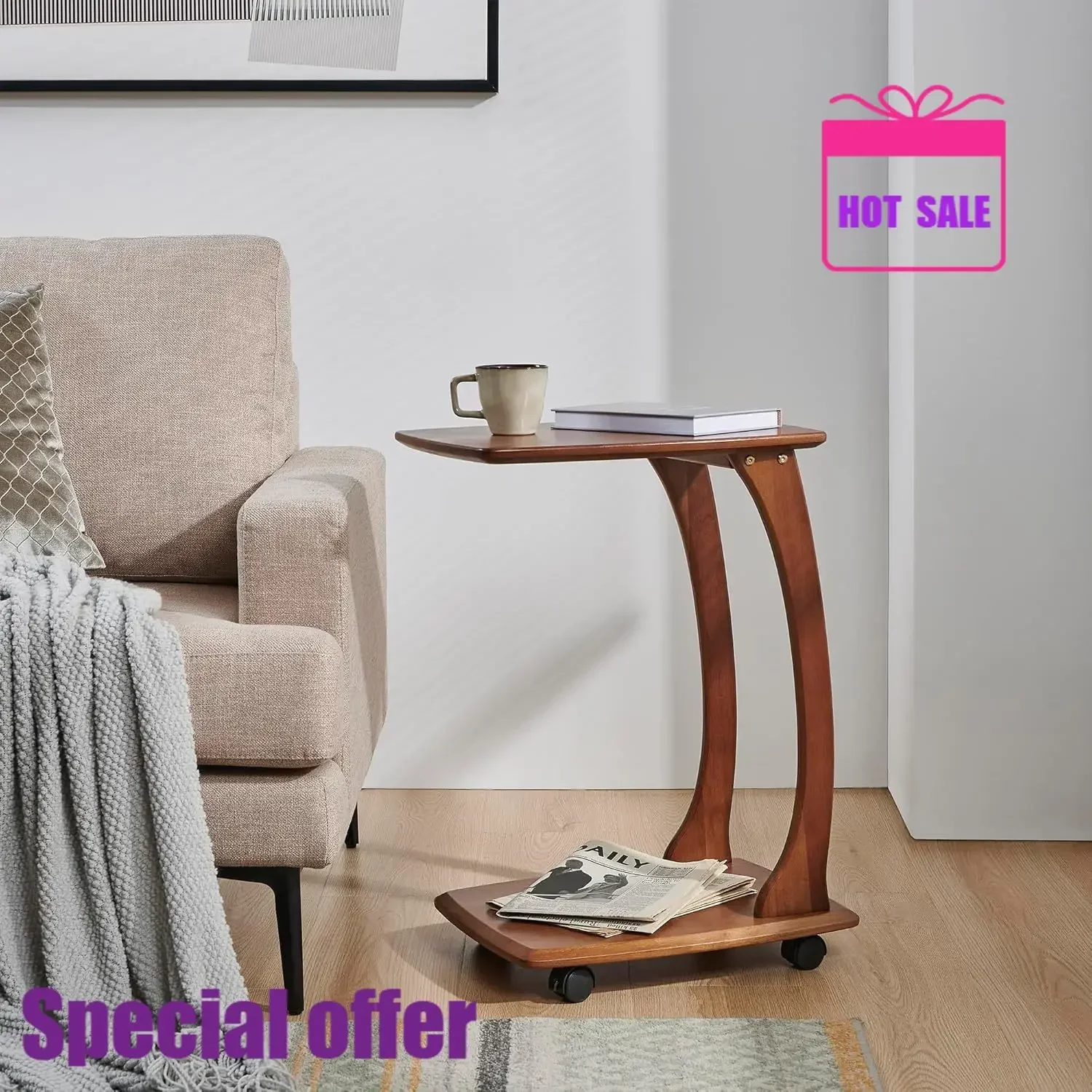 

Hot salesCozy Emerson Solid Wood End Table With Rolling Wheels, C Shaped Side Table, TV Tray Table, Couch Table That Slide Under