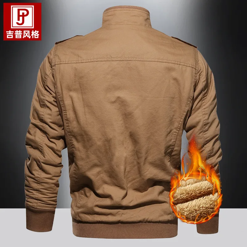 Autumn Winter Thick Stand Collar Washed Cotton Jacket Men's Plus Size Casual Outerwear