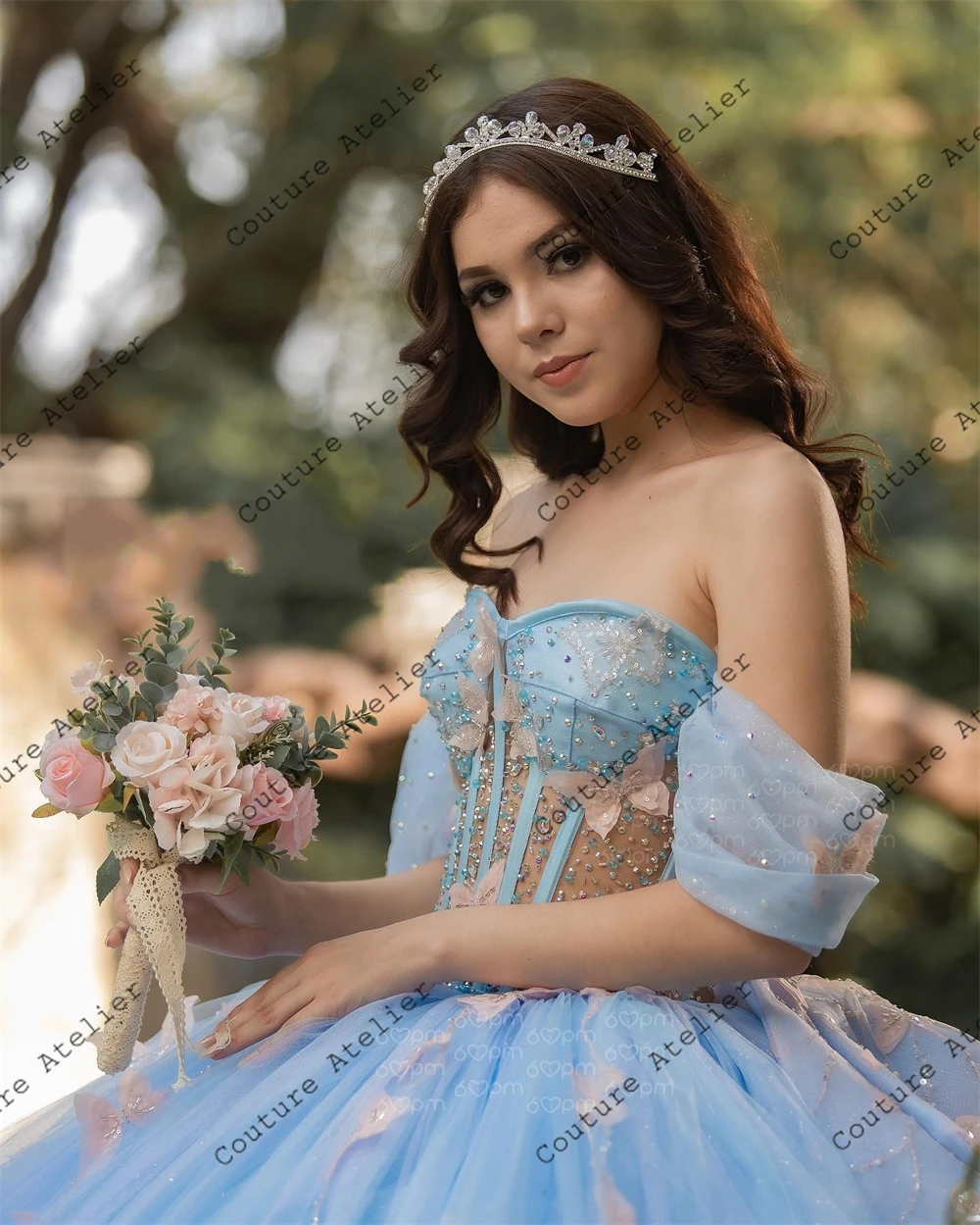 Небесно-голубое платье Quinceanera с бабочками и бантом, бальное платье, платье на день рождения на шнуровке, милое платье принцессы 15, 16, свадебное платье по индивидуальному заказу