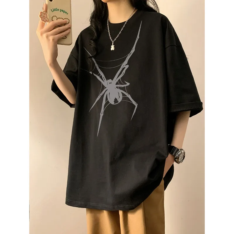 

Women's Summer Solid Round Neck Pullover Spider Geometric Print Short Sleeve T-shirt Casual Vacation Office Lady Vintage Tops