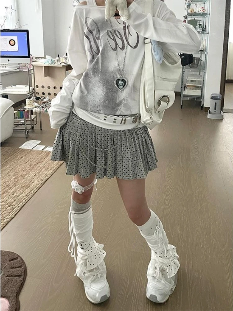 일본의 새로운 하이 웨이스트 폴카 도트 짧은 치마 여성 여름 캐주얼 Y2k 프릴 스트라이프 스커트 여성 디자인 레트로 그레이 의상