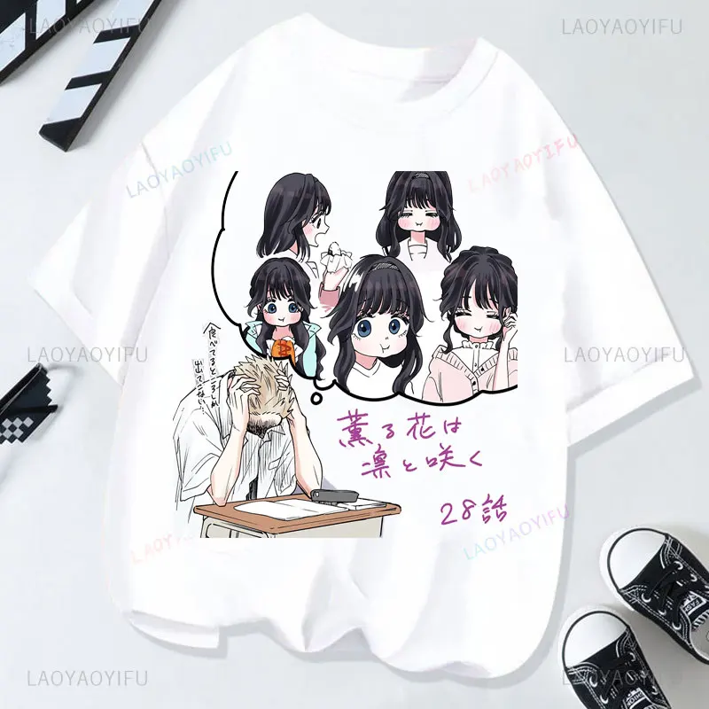 T-shirt Anime 'La Fleur Parfumée Éclore avec Dignité' en Coton Col Rond, Motif Dessin Animé Kawaii Mignon, pour Homme et Femme, Manga Tee Tops