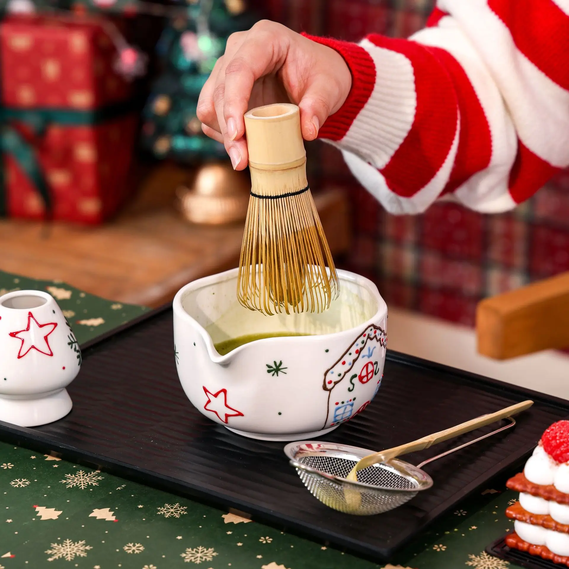 Christmas Themed Hand-Painted Matcha Bowl Set with Japanese Bamboo Whisk Brush Tea Ceremony Tools Matcha Set Gift Box