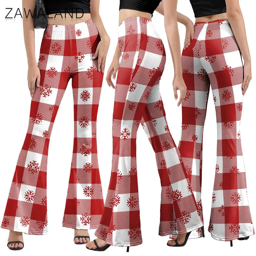 

Zawaland Cosplay Costume Christmas Tree Xmas Party Wide Leg Pants Disco Flared Pants Grid Snowflake Print Women Bell Bottoms