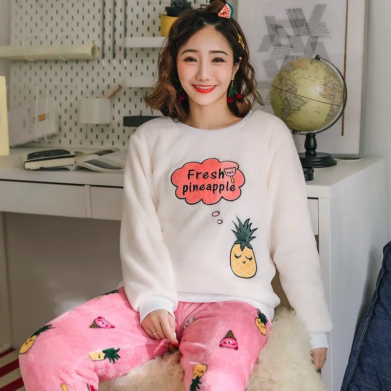 

Thickened Warm Sleepwear for Winter Flannel O-Neck School Loungewear Set Ladies Pajamas Long Sleeves Cat Pineapple Print