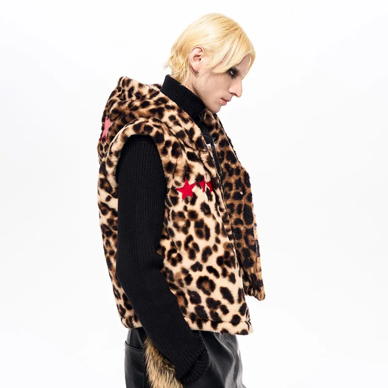 LUZHEN Faux 2026 Brushed Winter Print New Original Leopard Fur Hooded Sleeveless Vest Jacket Men's Trendy Embroidery Coat JY9162