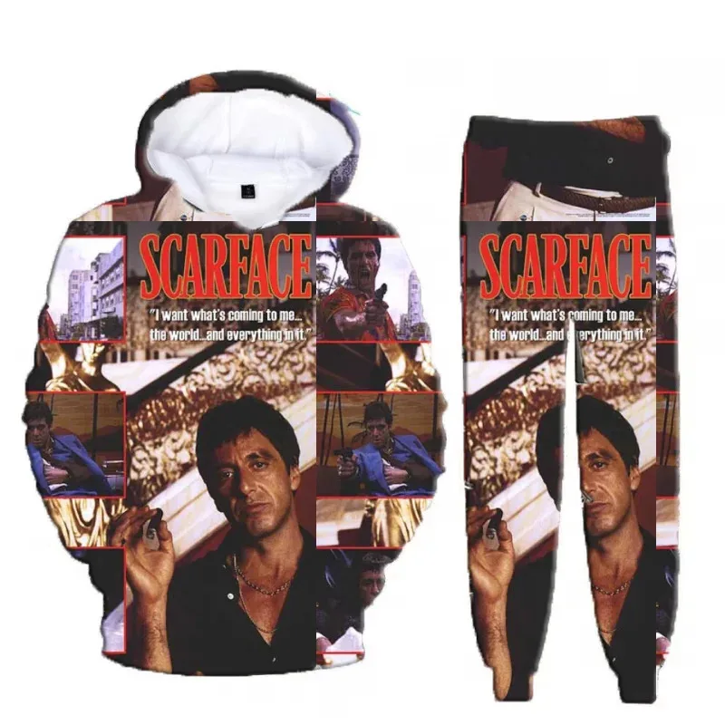 Gran oferta de película clásica Scarface Tony Montana, Sudadera con capucha con estampado 3D, traje para hombre, sudaderas, pantalones de chándal, conjunto de chándal informal de dos piezas
