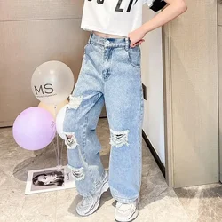 Girls Jeans Kids Hole Jean Pant Teenagers Wide Leg Trousers 2024 Spring Fall 4 To 14 Yrs Children's Clothing Korean Style
