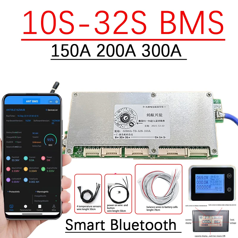 

ANT Bluetooth Smart BMS 10S ~ 32S 14S 16S 20S 24S Lithium Battery Protection Board 48V 60V 72V LiFePo4 Li-ion LTO 200A 300A