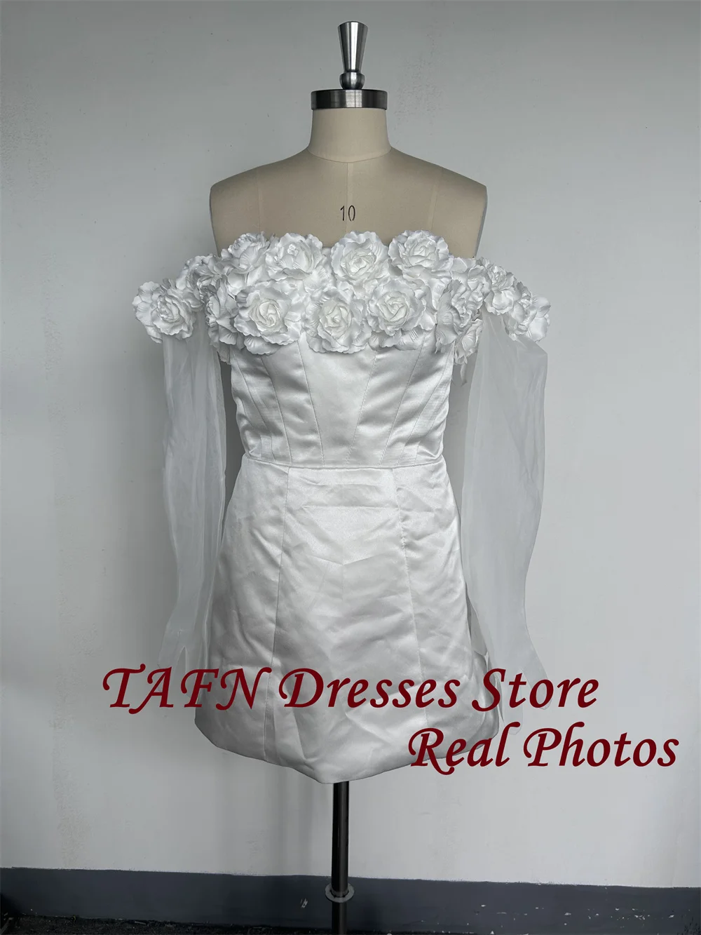 TAFN Real Photos Handmade Flowers Short Wedding Dresses Detachable Sleeves Mini Bridal Gown Satin свадебное платье Lace-up image 2