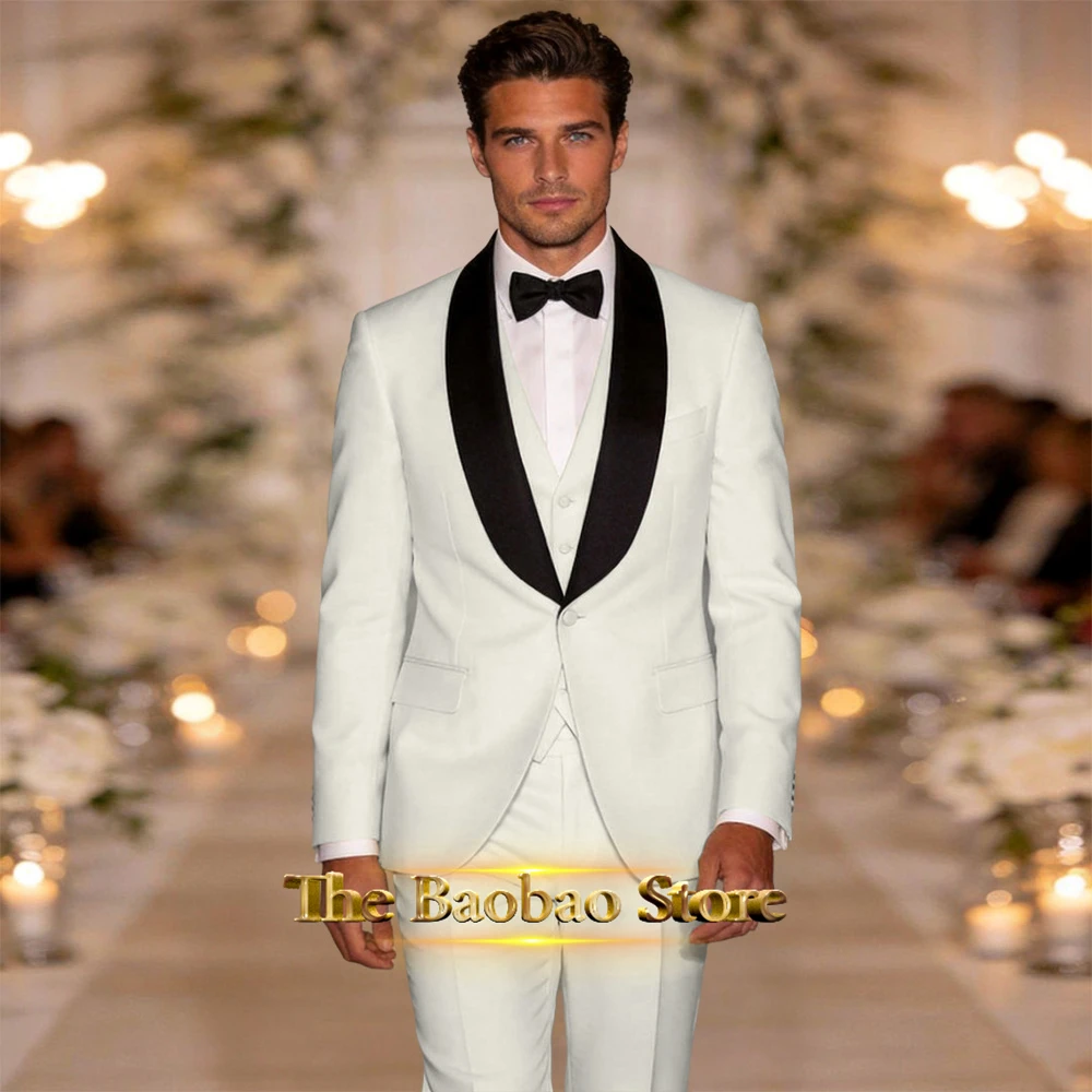 

Ivory wedding suit for men 3-piece set shawl laple jacket vest pants tailored attire for business casual prom party