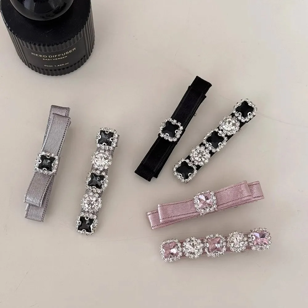 2 Pack Elegant Women's Satin Bow Hair Clips Rhinestone Crystal Hair Barrettes Side Bangs Flyaway Party Wedding Hair Accessories