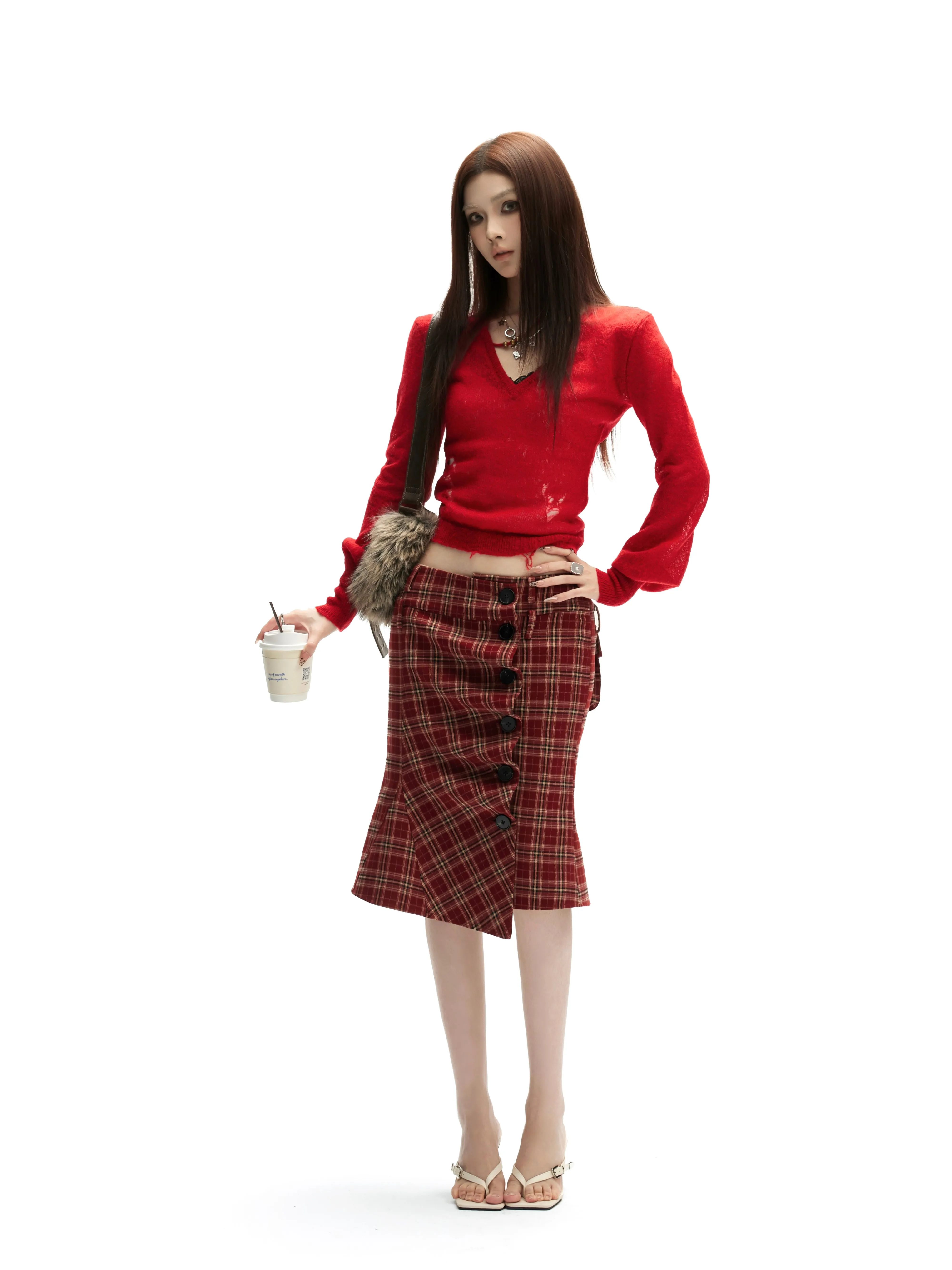 Slim Fit Plaid Fish Tail  Skirt with Slit Single Row Buckle Casual Women's mid Waist Polyester Fiber City Walk Skirt