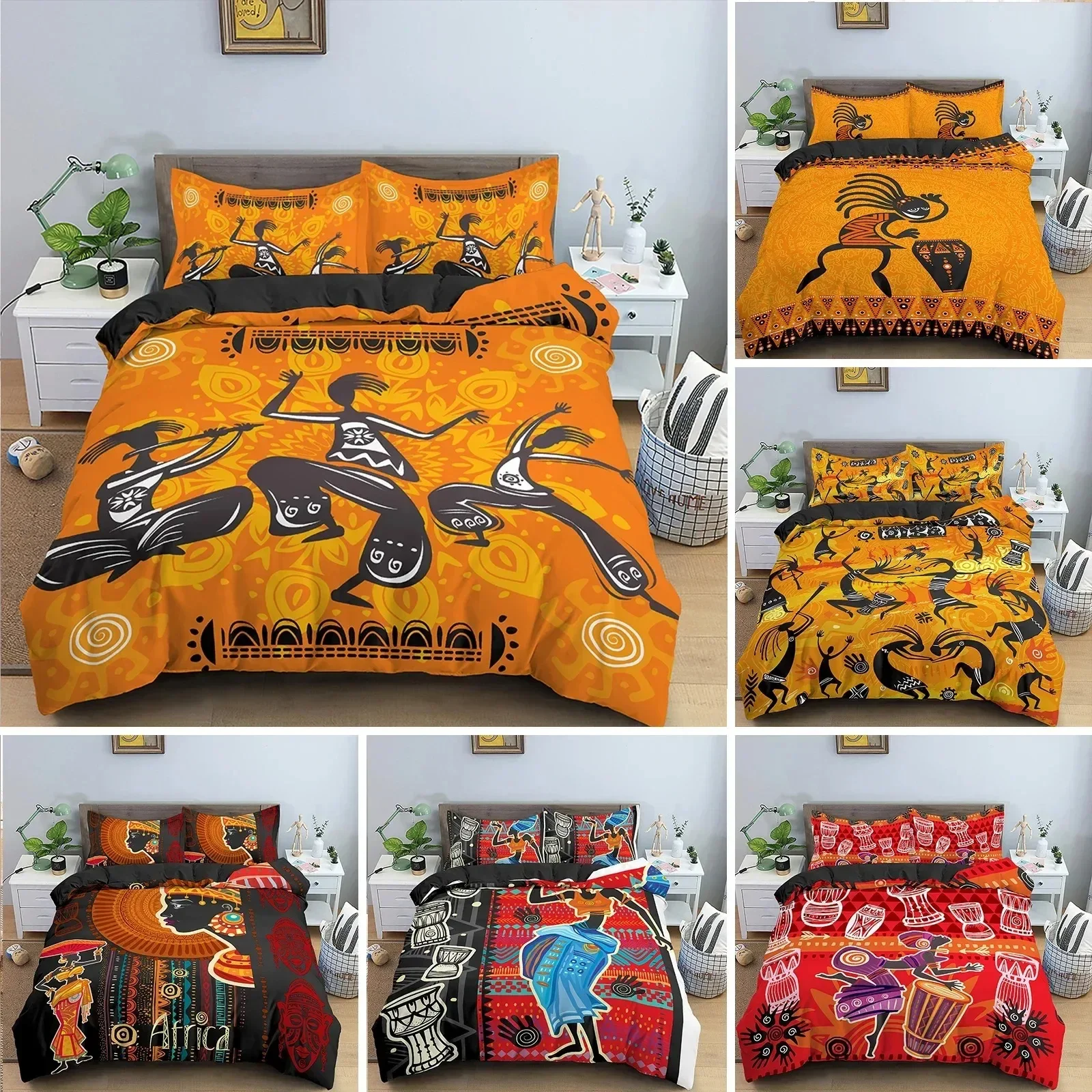

African Ethnic Bedding Set Orange Bohemian Style Duvet Cover King Queen Vintage Woman Polyester Comforter Cover for Teens Adults